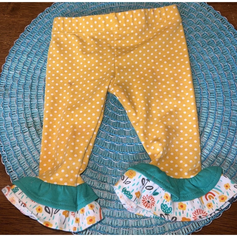 Rare Editions Baby Girls 3-6M Yellow Polka Dot Ruffle Hem Flare Leggings EUC